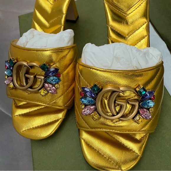 Gucci Gold Mules with Colorful Gemstones - Picture 1 of 7
